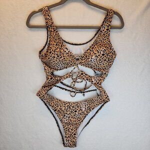 Leopard Print Bathing Suit One Piece Womens Large Strappy Sexy Tie High Leg